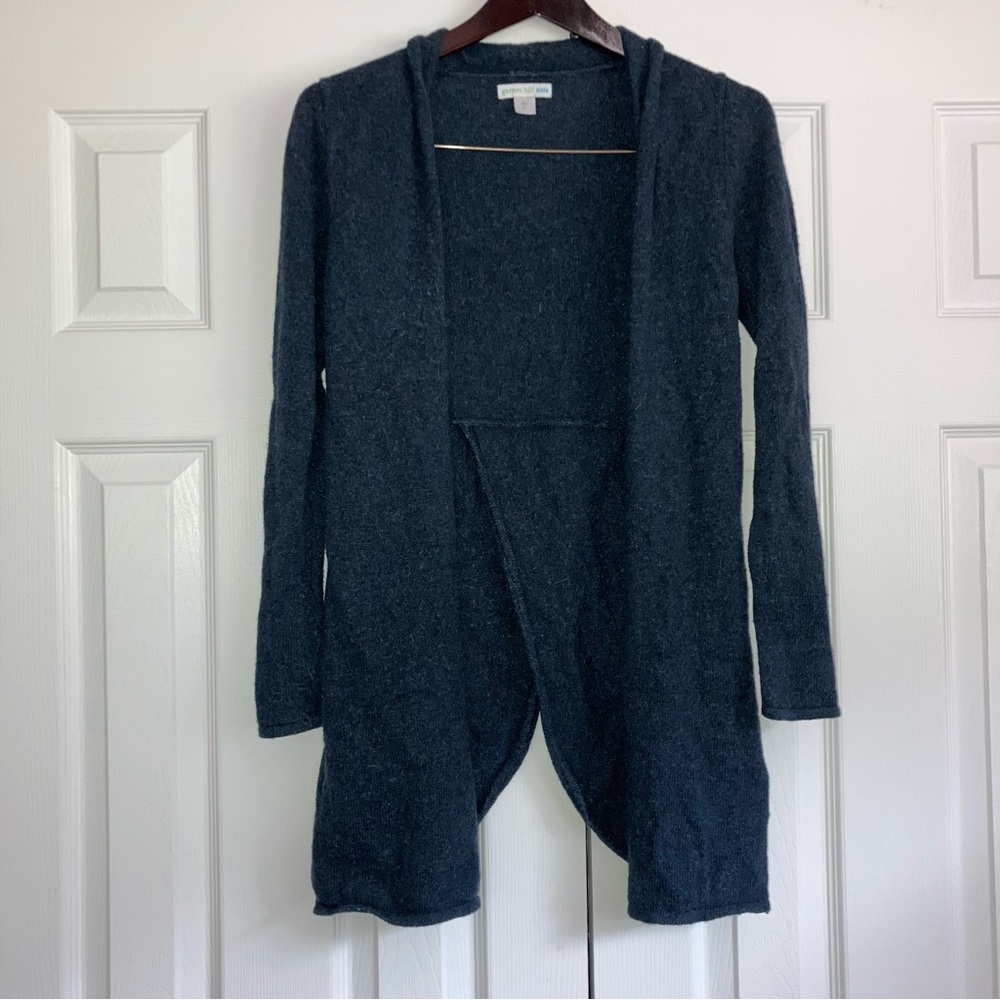 Garnet Hill Girls XL Navy Blue Wool Cotton Blend Open Front Cardigan Sweater
